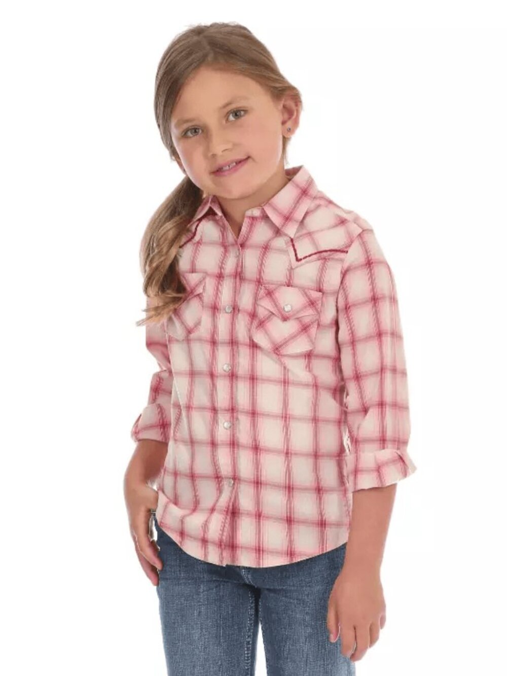 Wrangler Pink and White Plaid Snap Button Shirt Sz 2/XXS